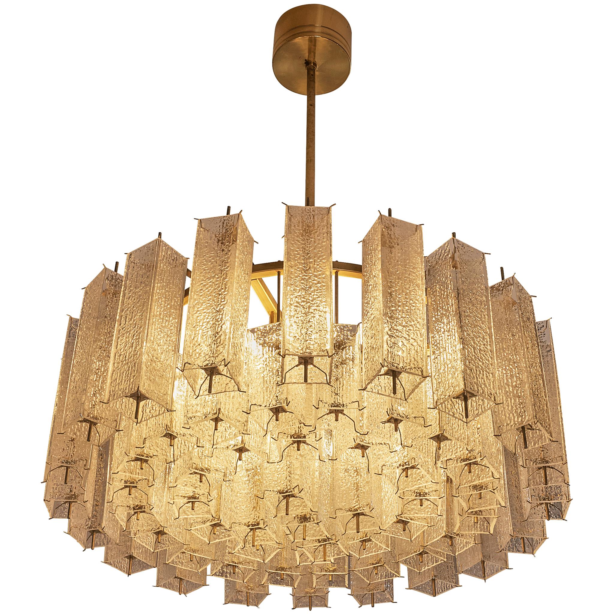 Large Mid Century Modern Glass & Brass Chandelier 97cm/38in Wide