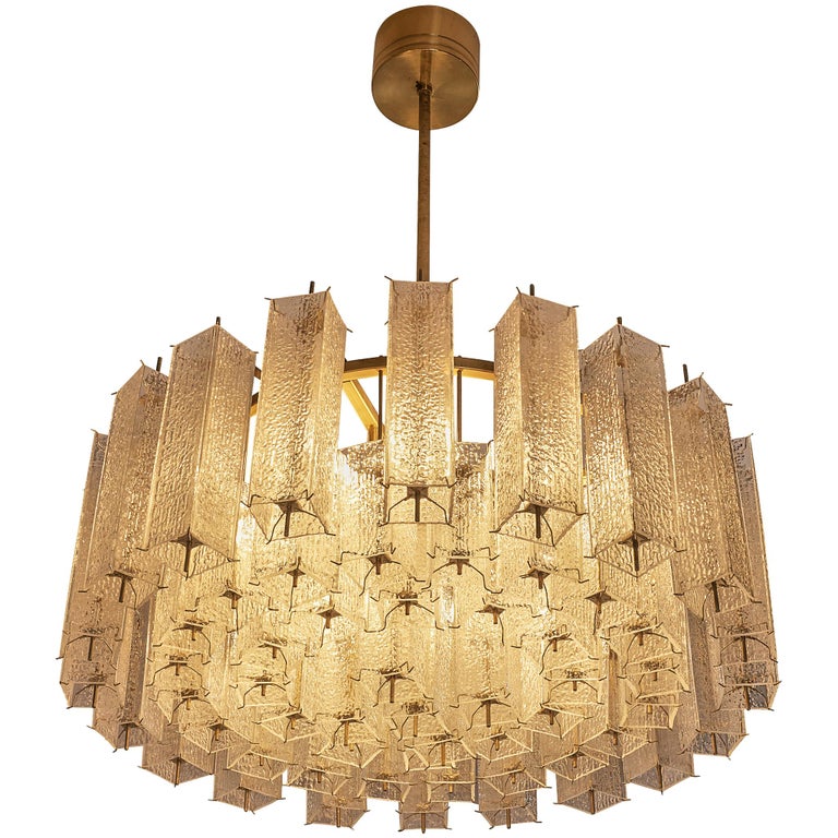 Large Mid Century Modern Glass & Brass Chandelier 97cm/38in Wide