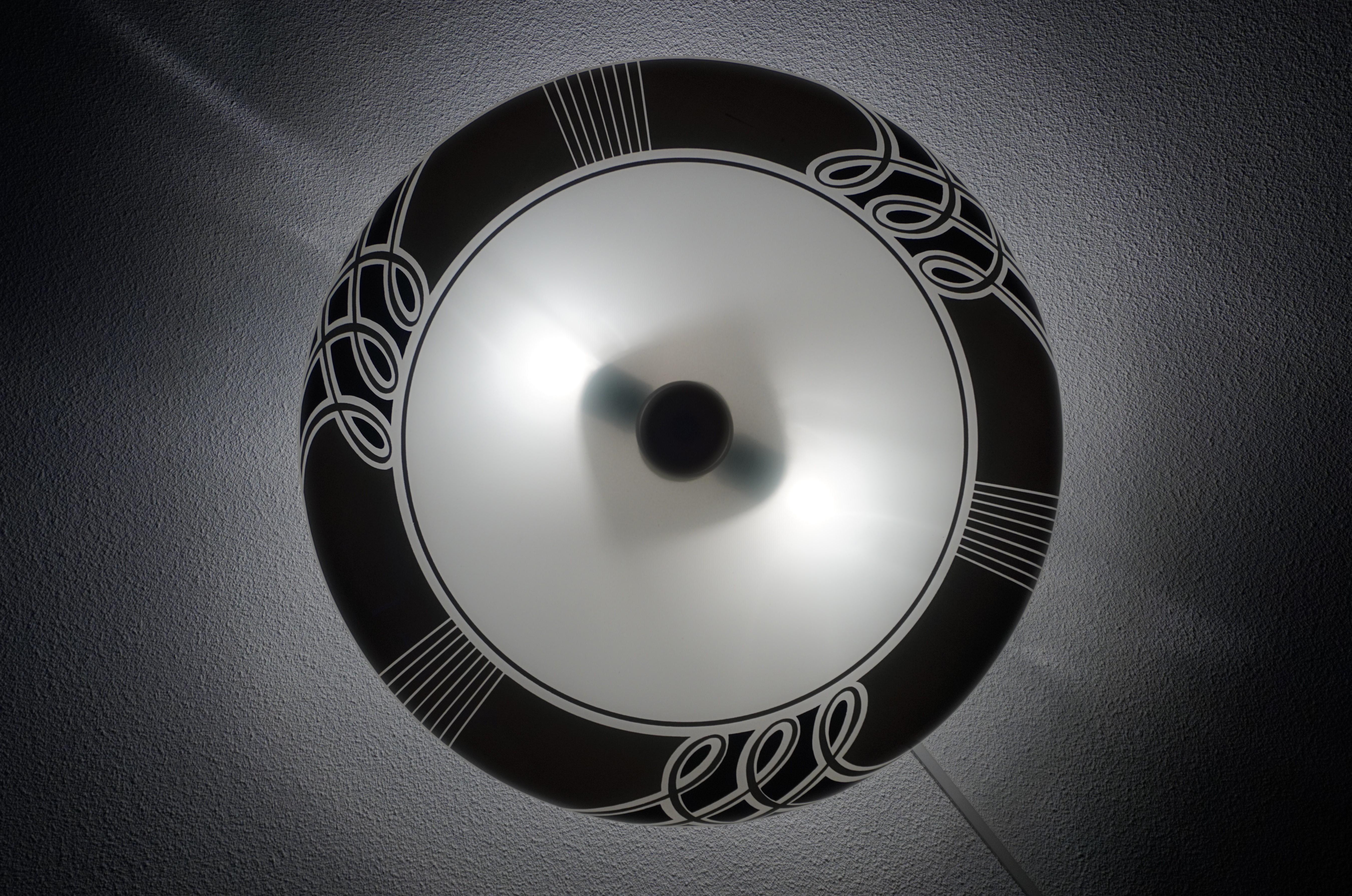 Mid-Century Modern Large Midcentury Modern Black & White Glass Flush Mount / Pendant Light Fixture For Sale