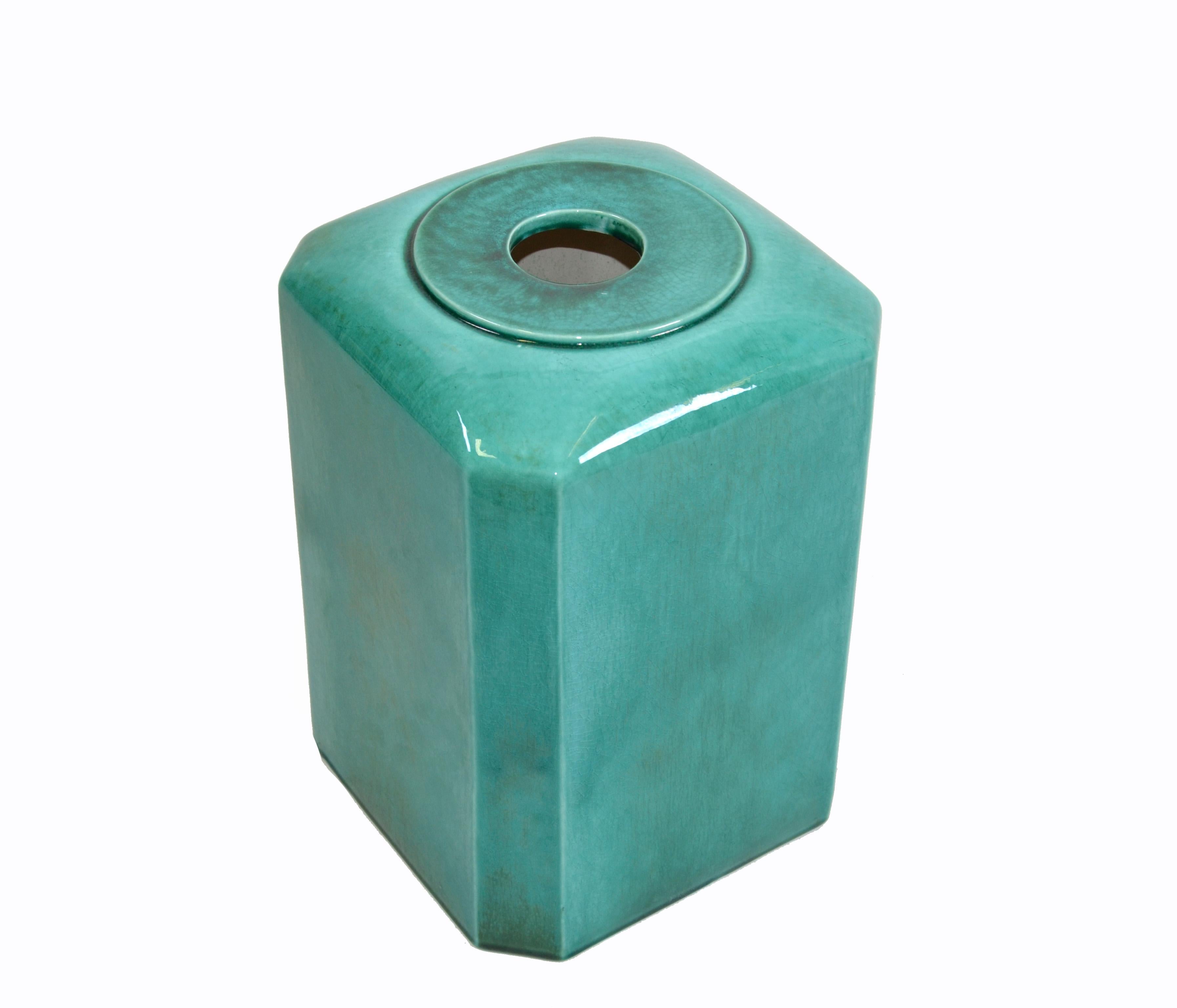 Large Mid-Century Modern Glazed Ceramic Box, Cover, Planter in Emerald Green 6