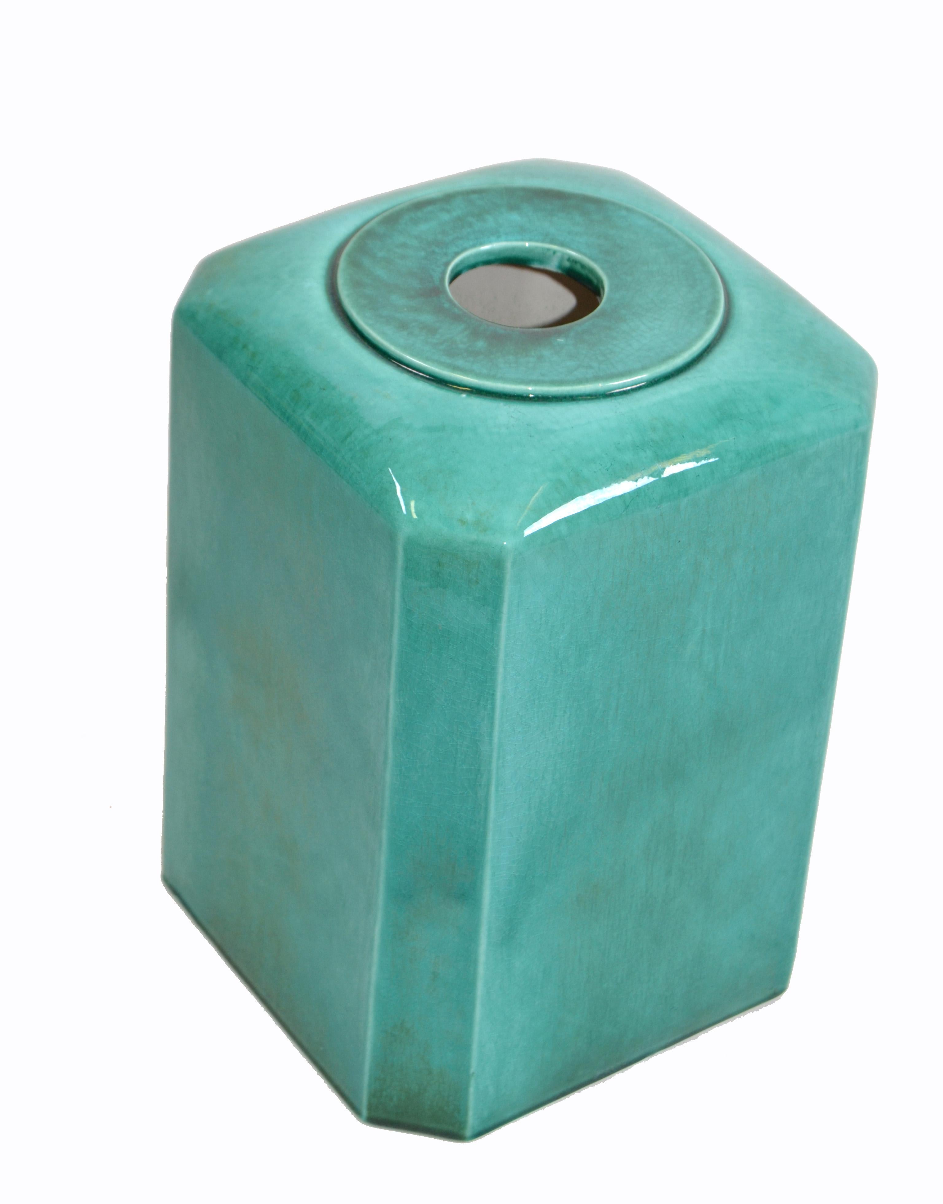 American Large Mid-Century Modern Glazed Ceramic Box, Cover, Planter in Emerald Green