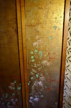 Large Mid-Century Modern Gold Leaf Hand Painted Screen Partition Walnut Frame