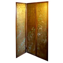 Large Mid-Century Modern Gold Leaf Hand Painted Screen Partition Walnut Frame