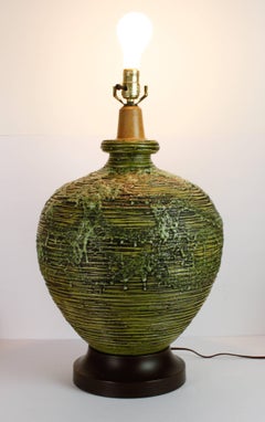 Large Mid-Century Modern Green Lava-Glazed Table Lamp