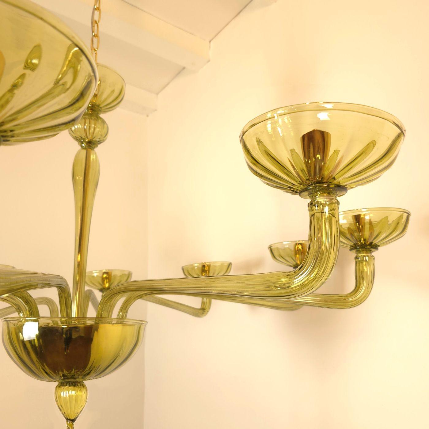 Gold Plate Large Mid-Century Modern Green Murano Chandelier 1970s