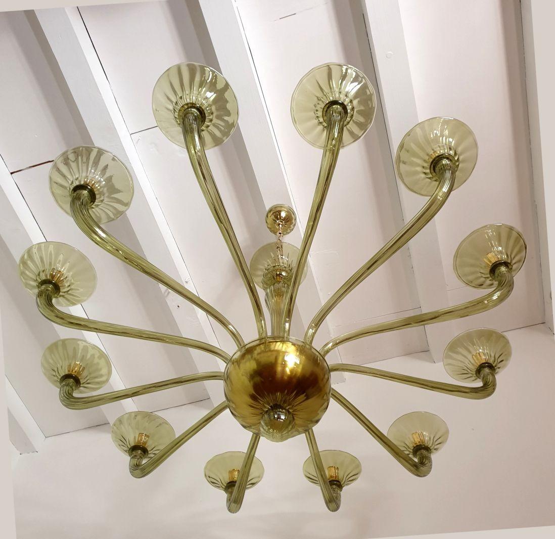 Gold Plate Large Mid-Century Modern green Murano chandelier