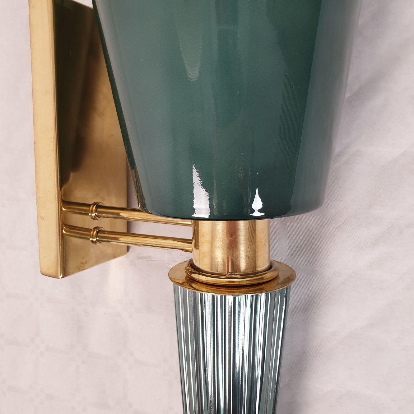 Brass Green Murano glass sconces-Italy-a pair For Sale