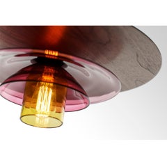 Large Mid-Century Modern Hand Blown Sculptural Glass and Walnut Pendant