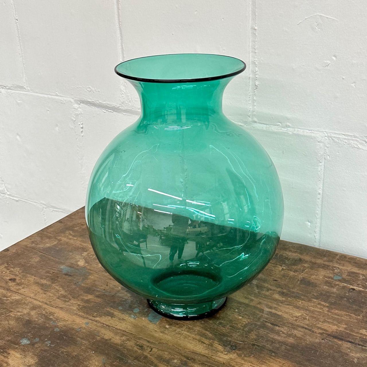 American Large Mid-Century Modern Handblown Glass Turquoise Table Vase / Vessel by Blenko For Sale