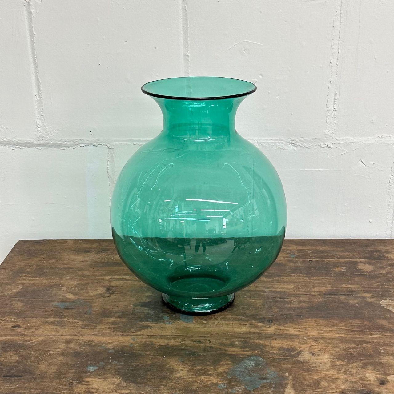 American Large Mid-Century Modern Handblown Glass Turquoise Table Vase / Vessel by Blenko