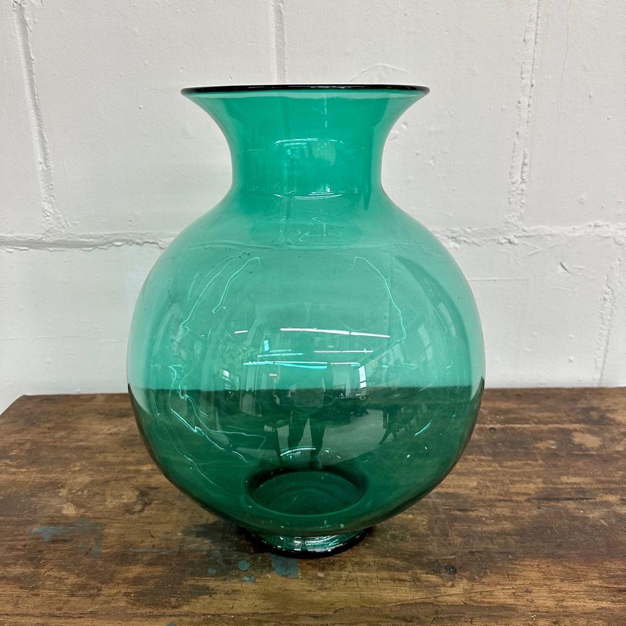 Large Mid-Century Modern Handblown Glass Turquoise Table Vase / Vessel by Blenko In Good Condition In Manhasset, NY
