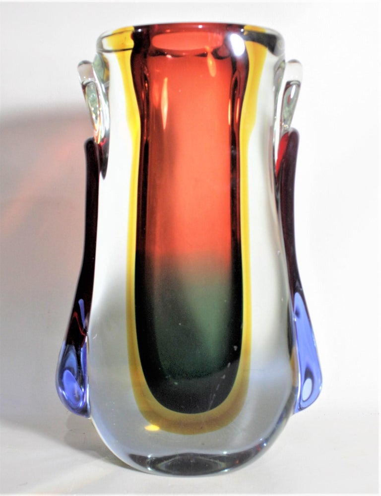 Large Mid-Century Modern Heavy Italian Murano Art Glass Multi-Colored Vase  For Sale at 1stDibs