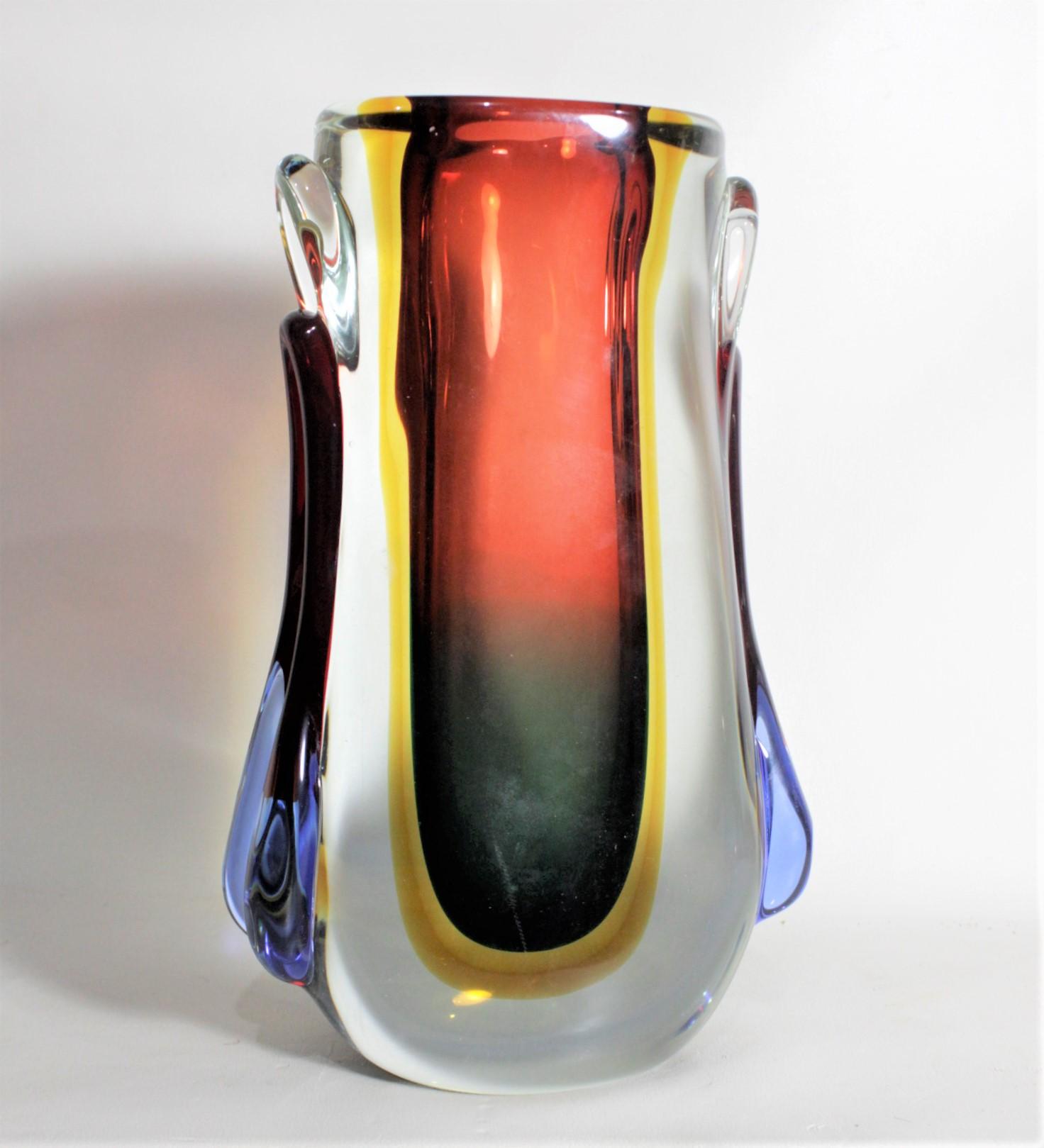 Hand-Crafted Large Mid-Century Modern Heavy Italian Murano Art Glass Multi-Colored Vase