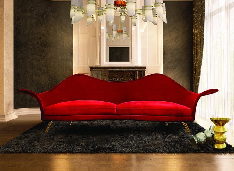 Large Mid-Century Modern "Hollywood" Red Velvet Upholstered Living Room