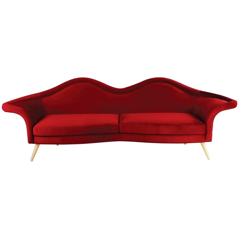 Large MidCentury Modern "Hollywood" Red Velvet Upholstered Living Room