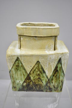 Large Mid-Century Modern Italian Ceramic Pottery Vase Vessel Green and Cream