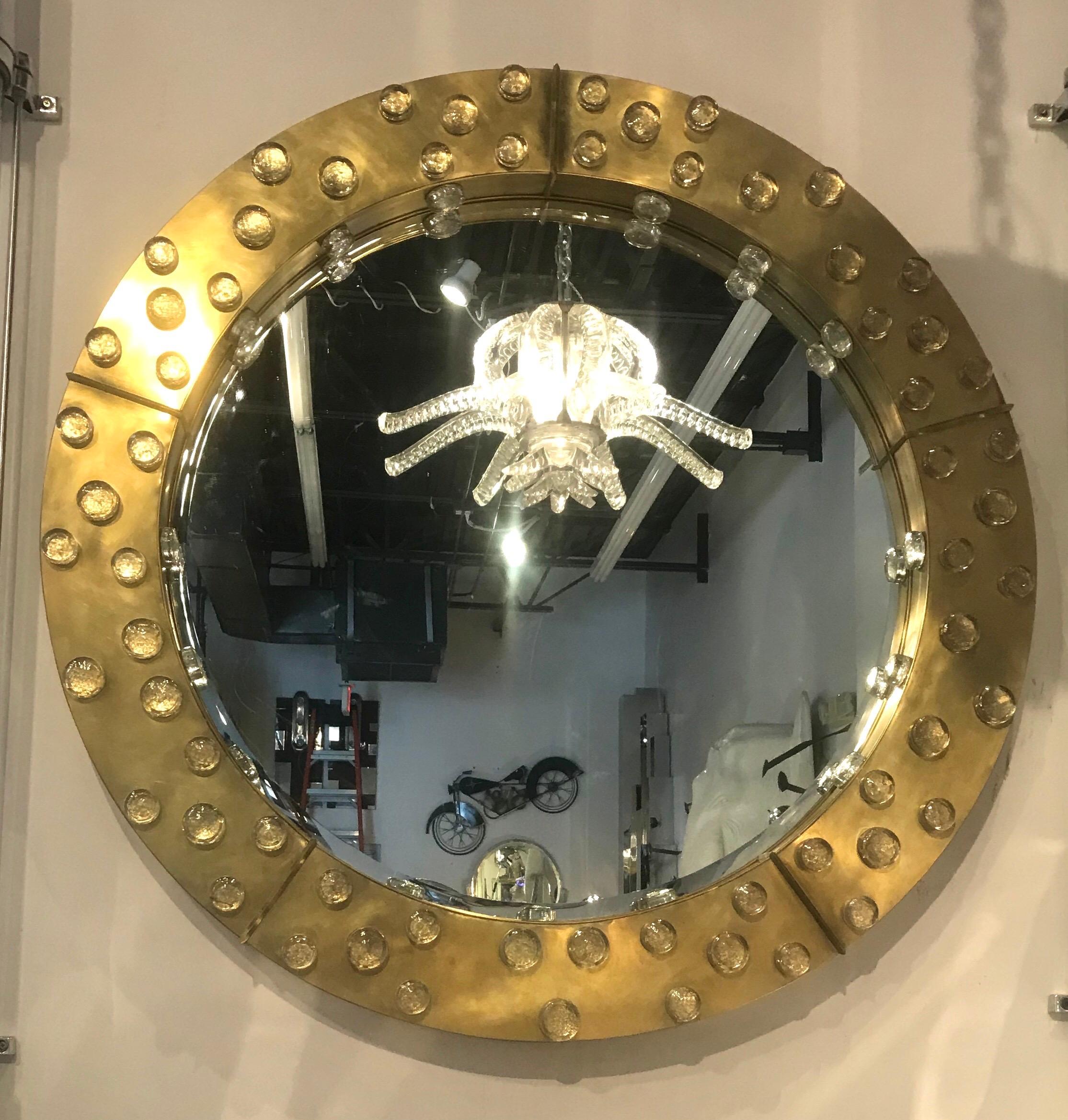 Large Mid-Century Modern Italian Brass and Blown Murano Glass Circular Mirror 1