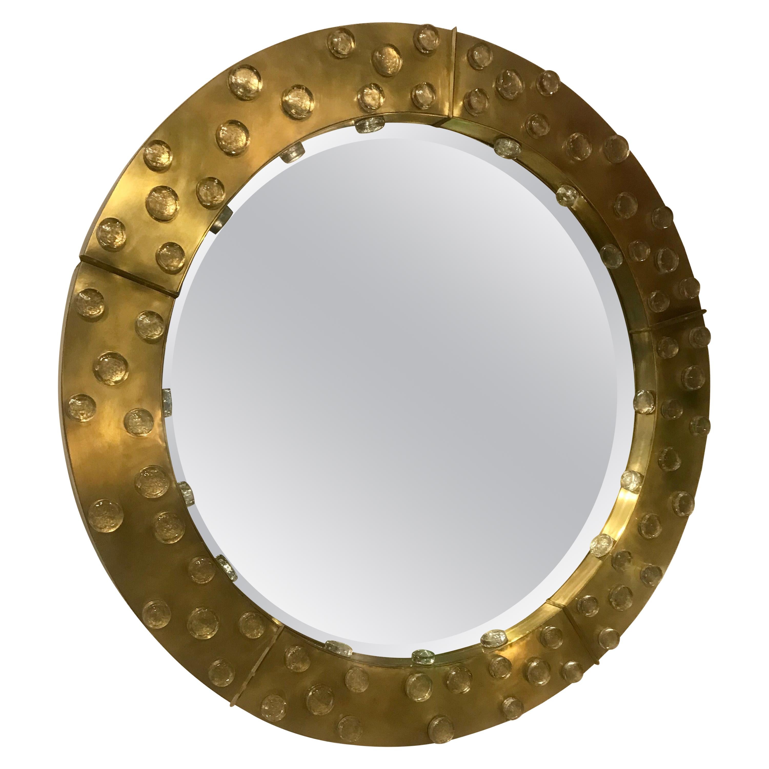 Large Mid-Century Modern Italian Brass and Blown Murano Glass Circular Mirror