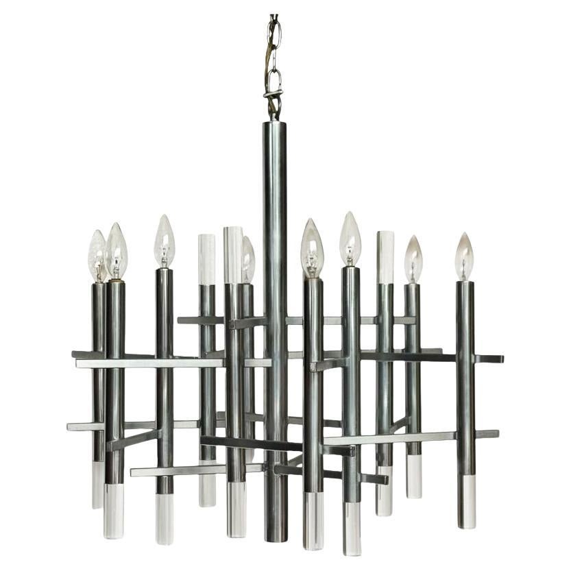 Large Mid-Century Modern Italian Chrome & Lucite Chandelier by Gaetano Sciolari