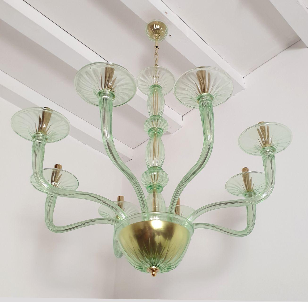 Italian Large Mid-Century Modern Light Green Murano Glass Chandelier, 1970