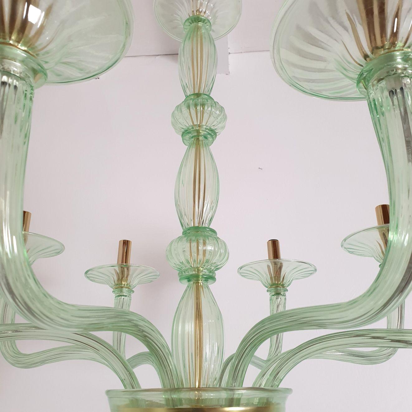 Gold Plate Large Mid-Century Modern Light Green Murano Glass Chandelier, 1970