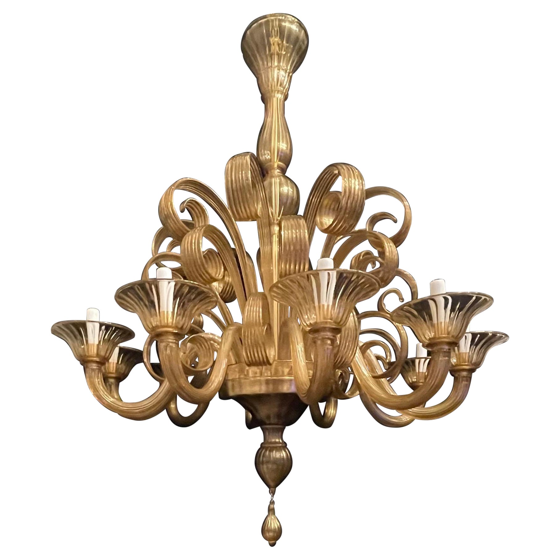 Grande lampadario in vetro artistico soffiato oro di Murano Lorin Marsh della metà del secolo scorso