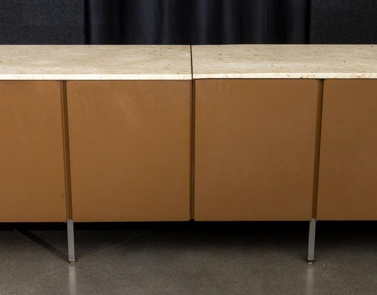 Large Mid-Century Modern Marble Top Six-Door Brown Lacquered Wood Sideboard, two doors opening to four drawers to left, and four compartments each with one door opening to two shelves to right, on chrome plated legs. 32.5