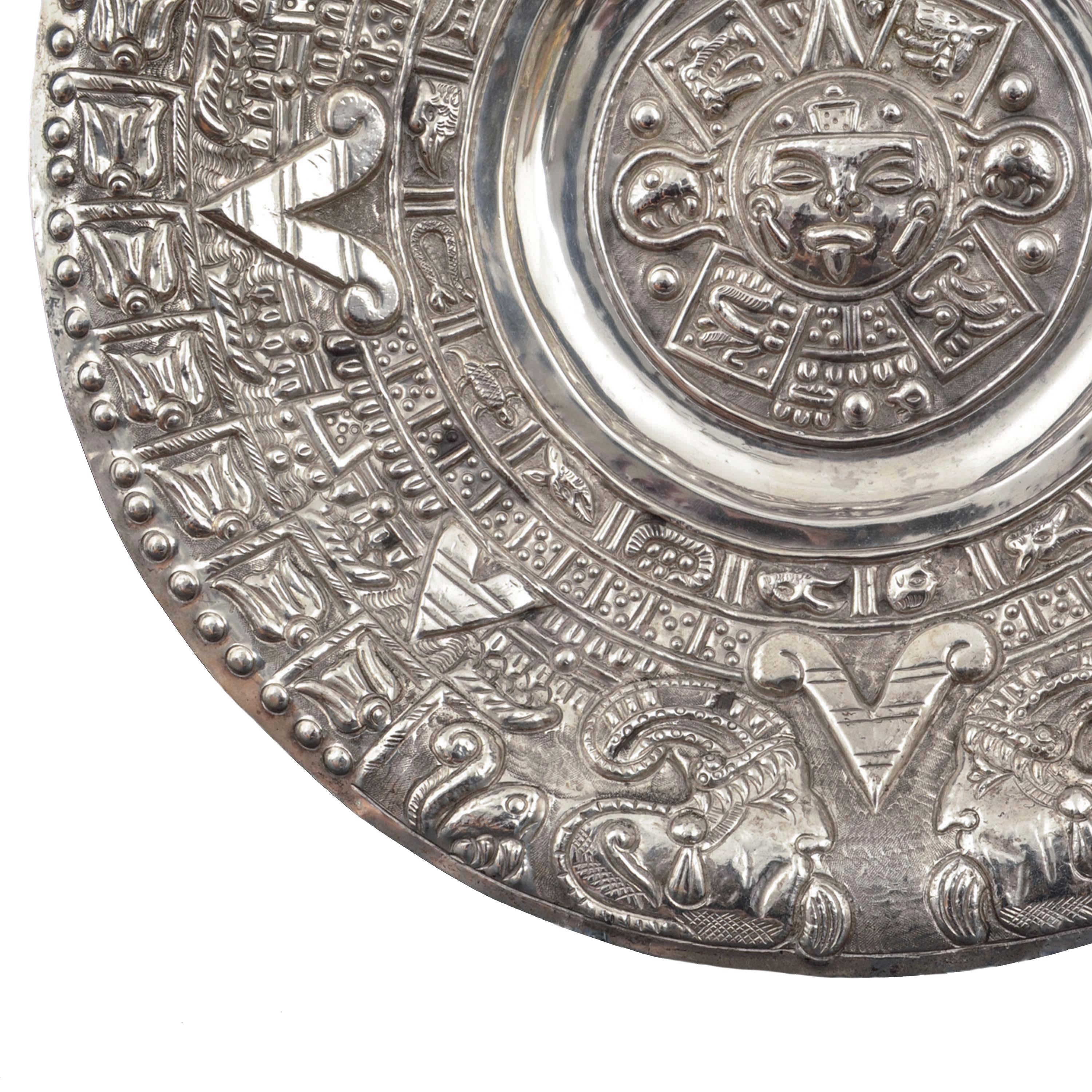 Repoussé Large Mid-Century Modern Mexican Sterling Silver Aztec Calendar Wall Charger For Sale