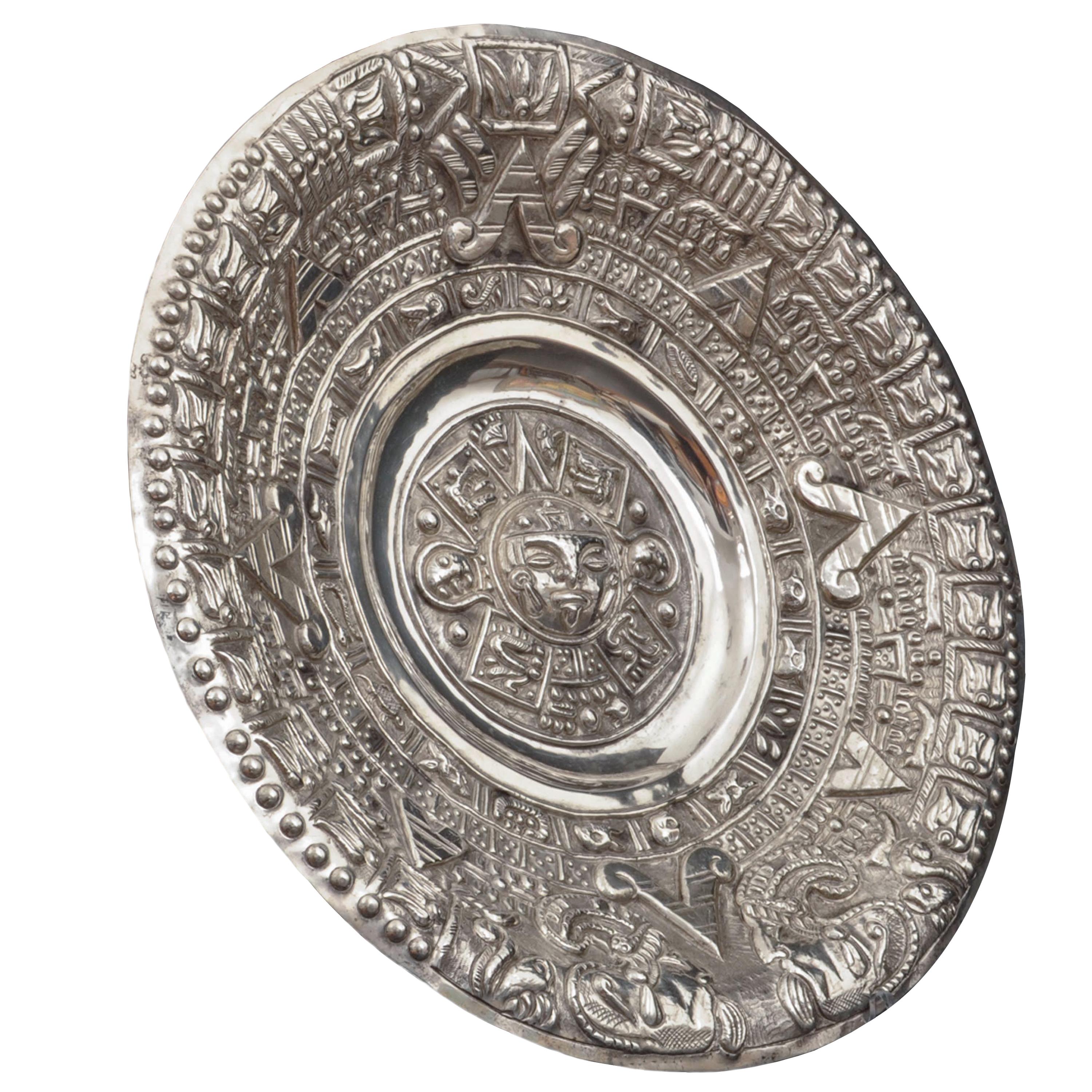 20th Century Large Mid-Century Modern Mexican Sterling Silver Aztec Calendar Wall Charger For Sale