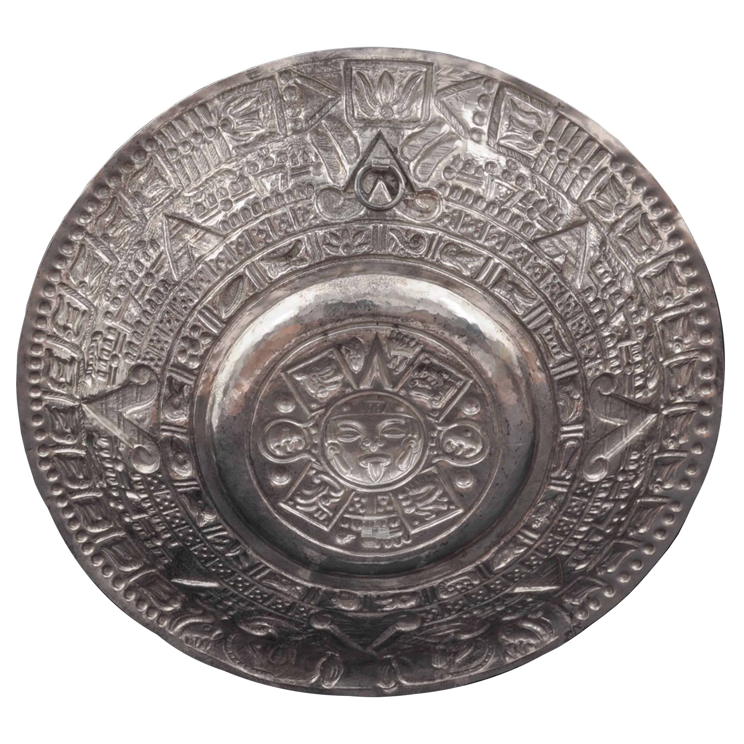 Large Mid-Century Modern Mexican Sterling Silver Aztec Calendar Wall Charger For Sale 2