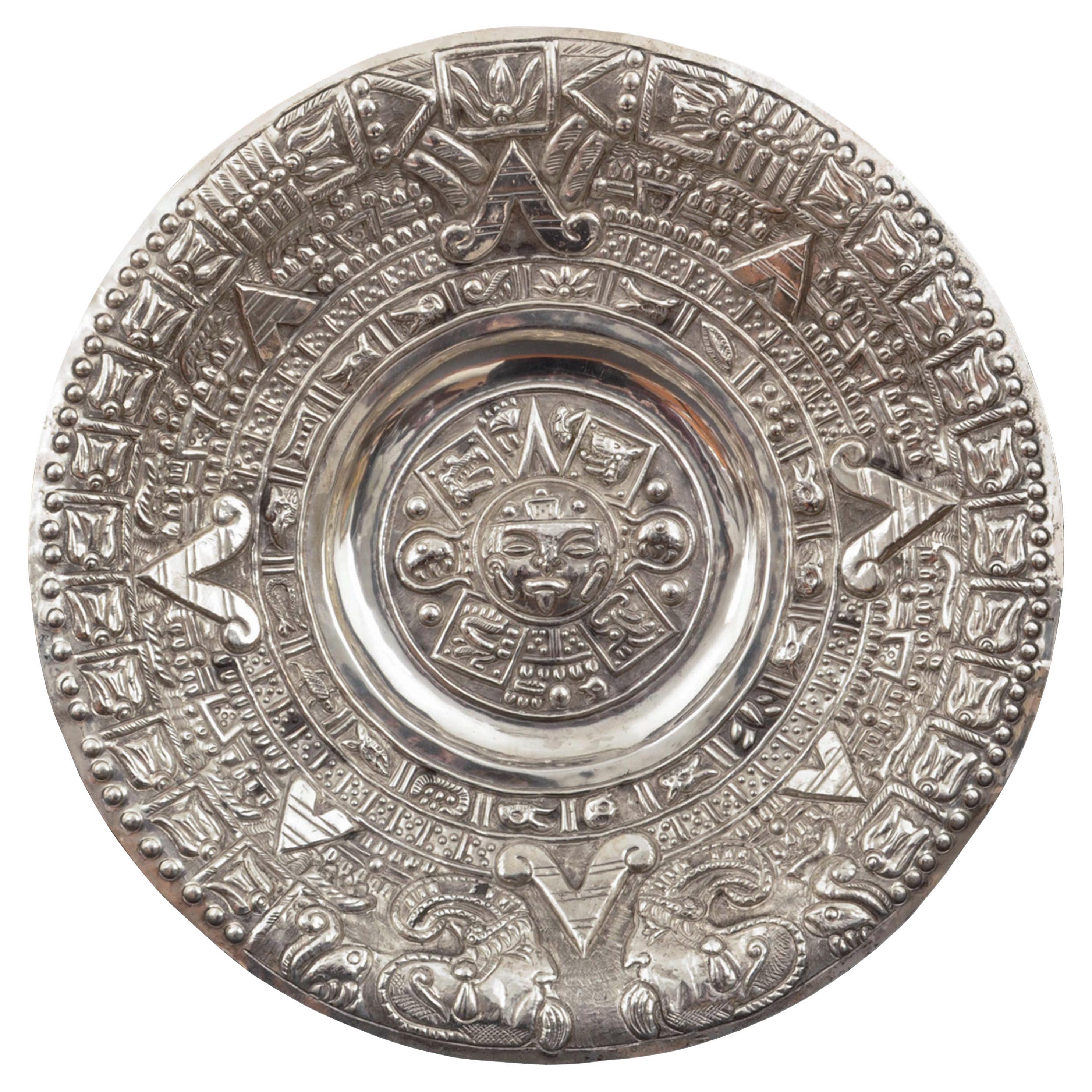 Large Mid-Century Modern Mexican Sterling Silver Aztec Calendar Wall Charger