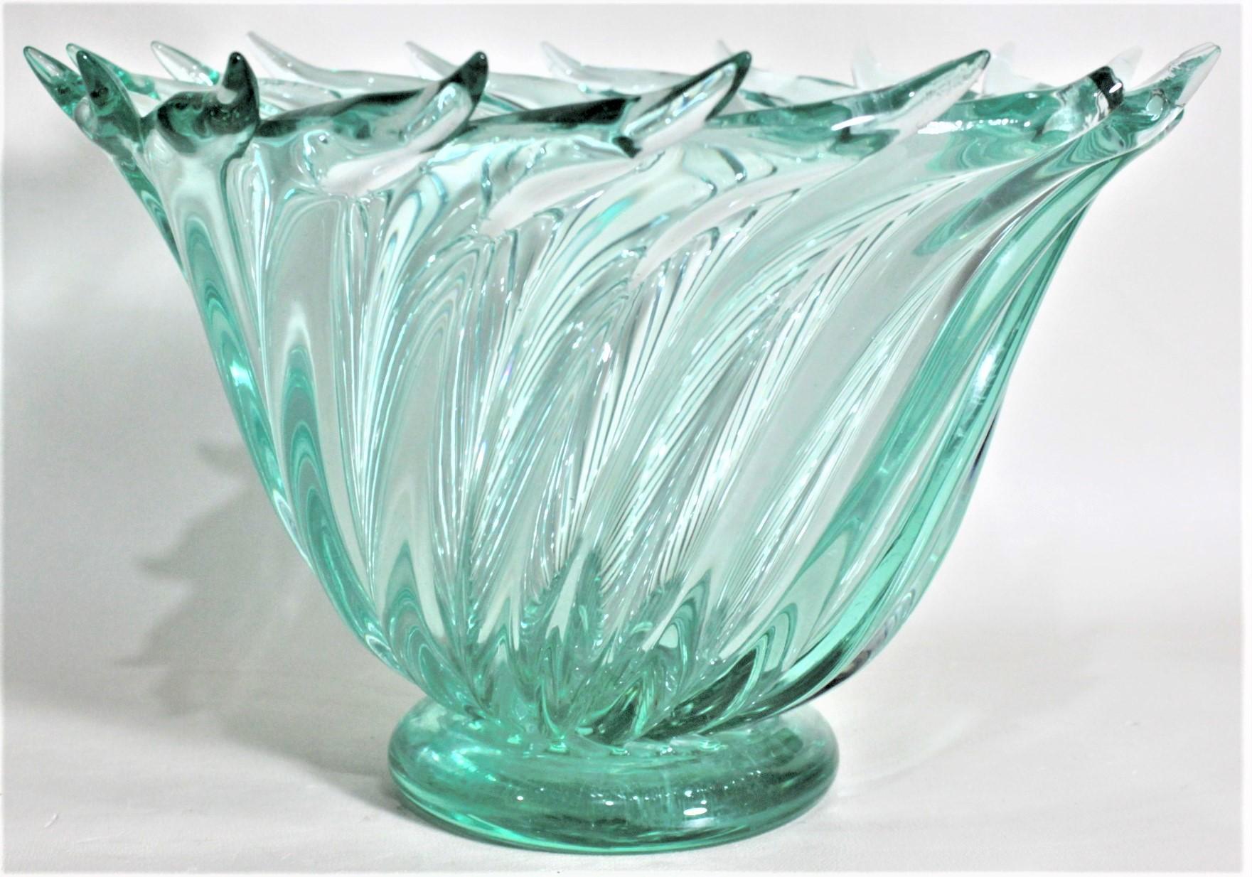 Hand-Crafted Mid-Century Modern Murano Green Art Glass Swirled Bowl Barovier Attributed For Sale