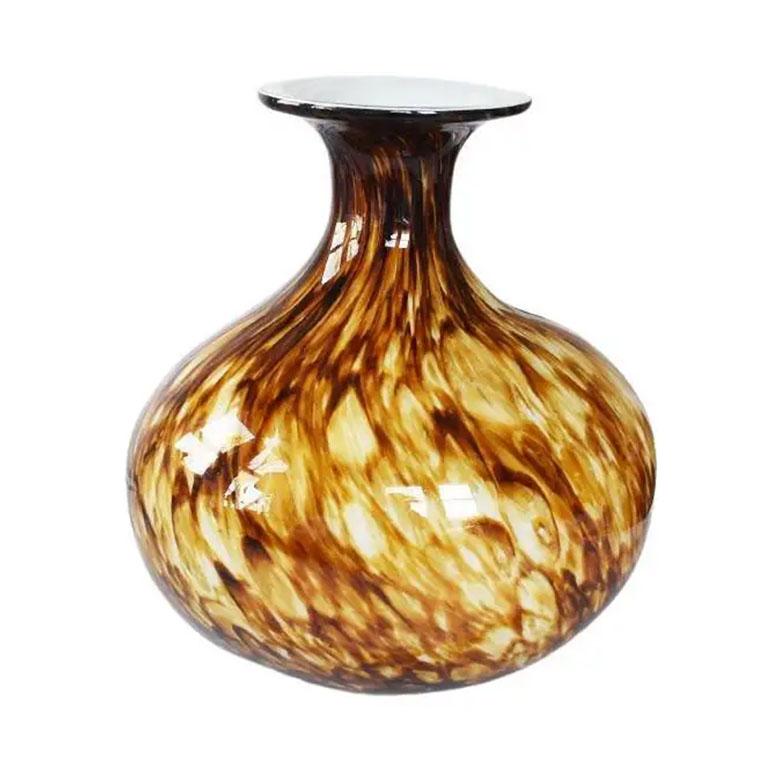 Exquisite Murano style tan tortoiseshell pattern sculptural glass vase. A wonderful large vessel screaming to be displayed. Round in form, the base is wide and cinches in at the top. A large lip reaches out and creates a small flat ledge showcasing
