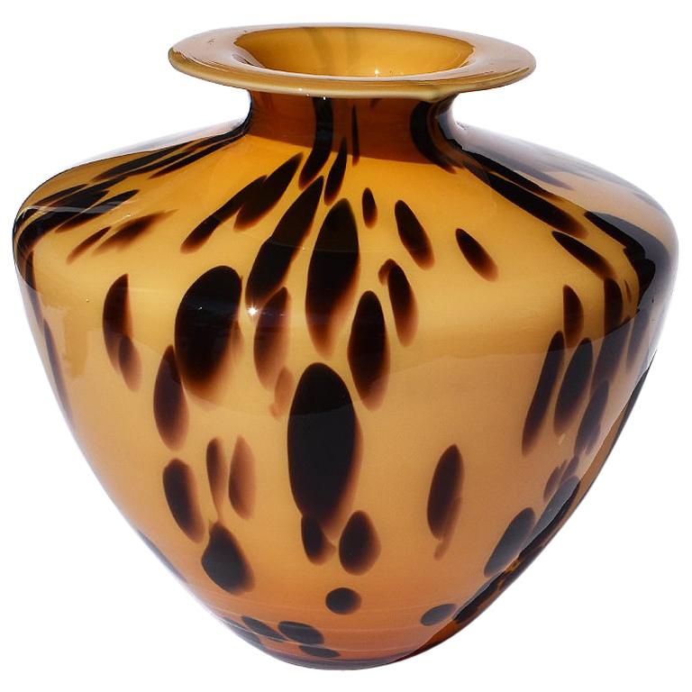 Large Mid-Century Modern Murano Style Brown and Tan Tortoise Shell Glass Vase 