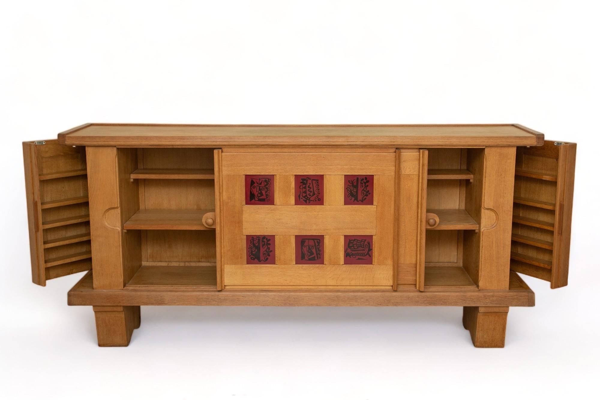 French Large Mid Century Modern Oak and Ceramic Sideboard by Guillerme and Chambron For Sale