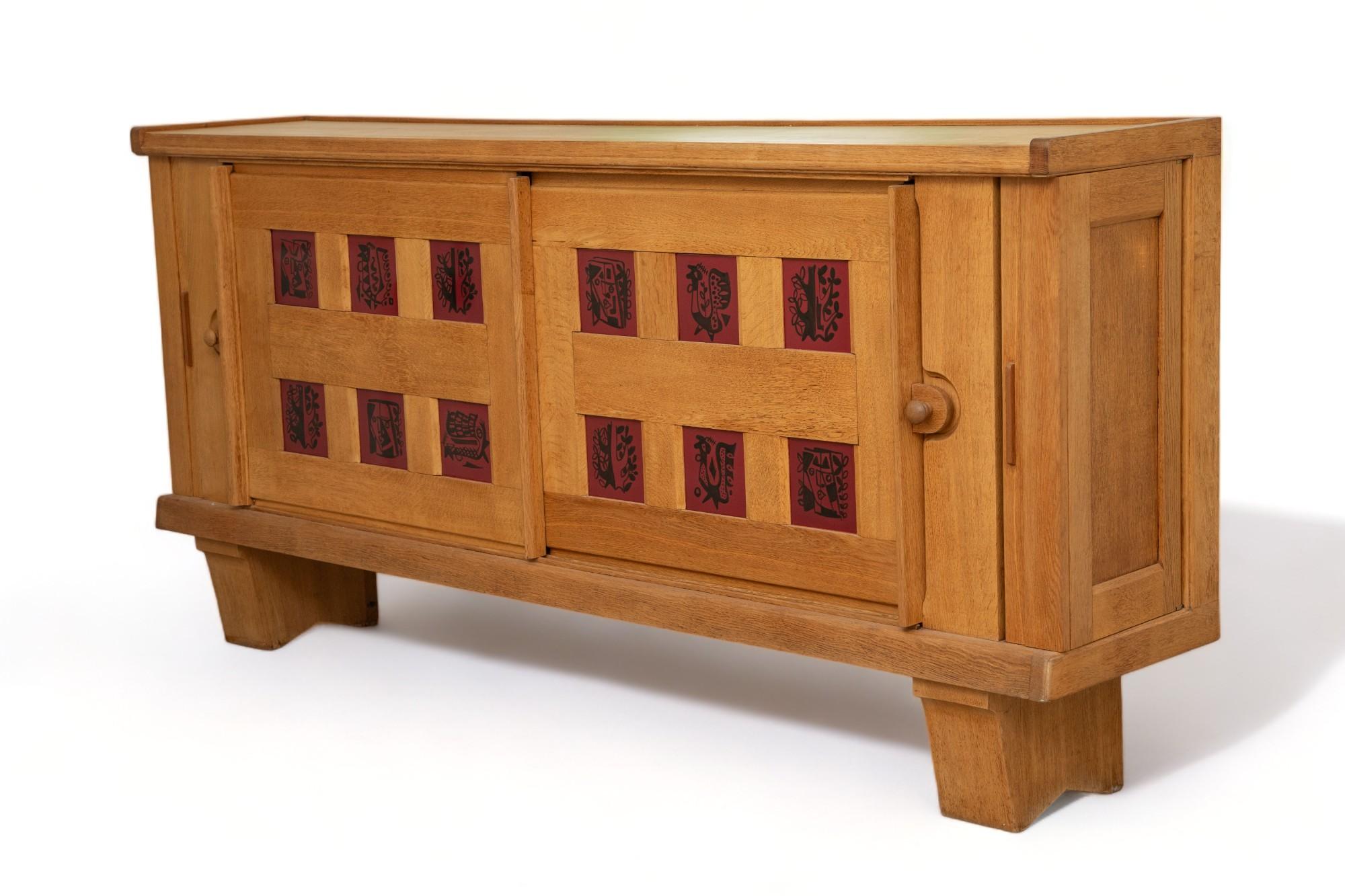 Mid-20th Century Large Mid Century Modern Oak and Ceramic Sideboard by Guillerme and Chambron For Sale