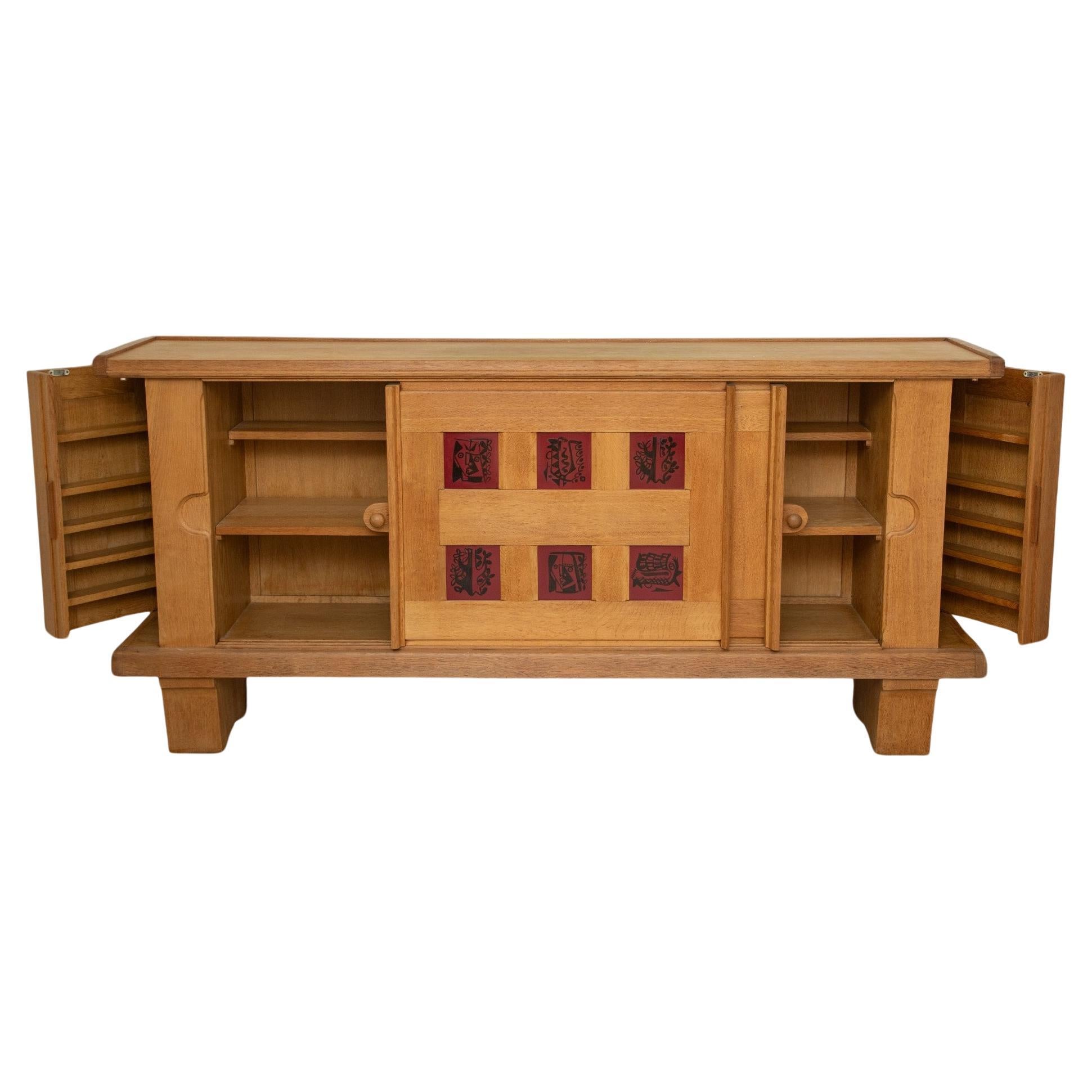 Large Mid Century Modern Oak and Ceramic Sideboard by Guillerme and Chambron For Sale