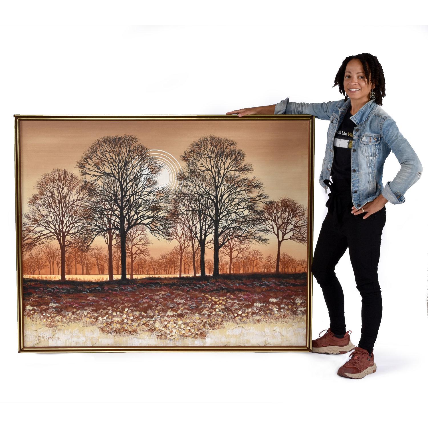 Splendido dipinto di paesaggio di boschetto di alberi in stile Mid-Century Modern in grande scala. L'incantevole quadro marrone, beige e arancione bruciato raffigura un boschetto al crepuscolo. Le striature concentriche di bianco al centro della
