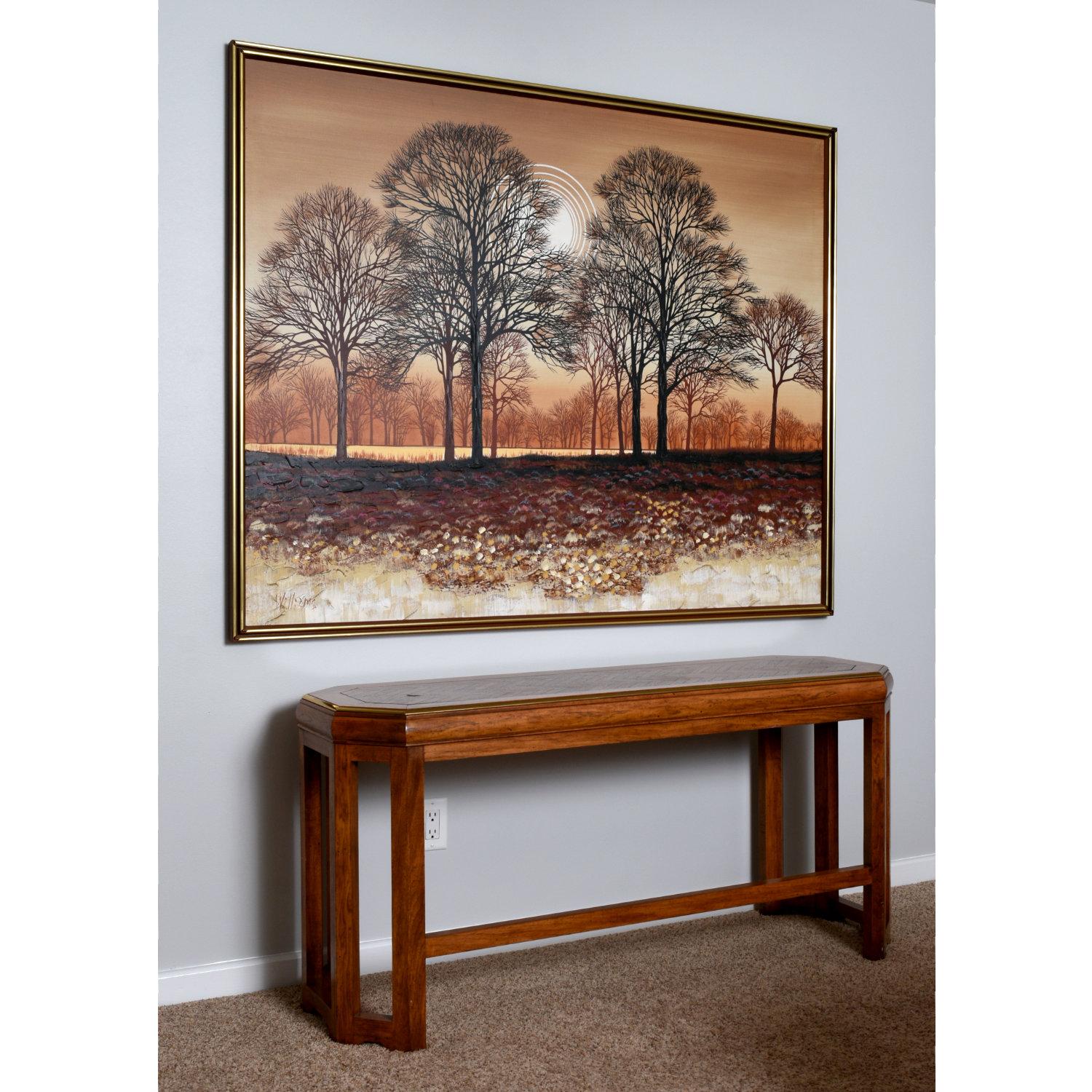 Organico moderno Grande dipinto di paesaggio con albero marrone arancione della metà del secolo scorso, firmato William Williams in vendita