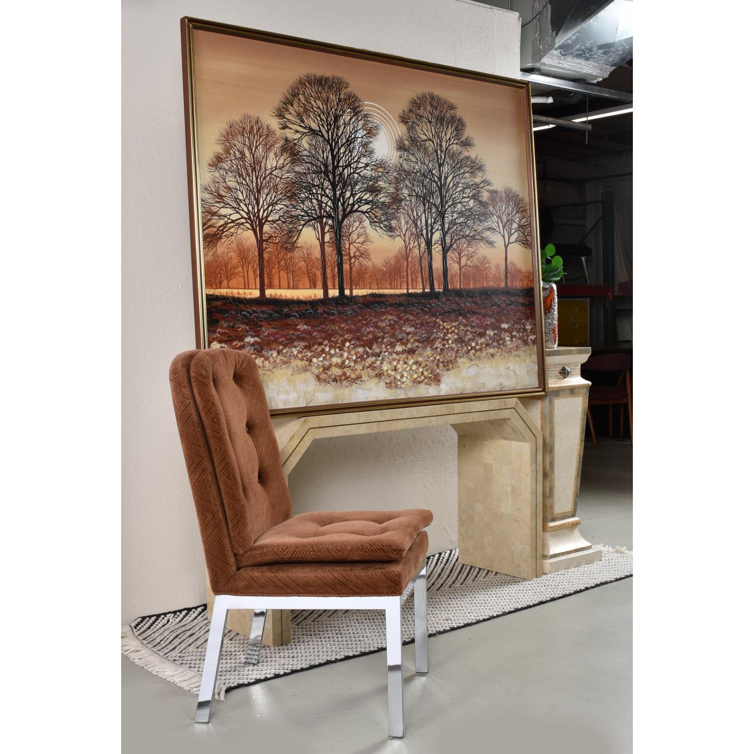 Metallo Grande dipinto di paesaggio con albero marrone arancione della metà del secolo scorso, firmato William Williams in vendita