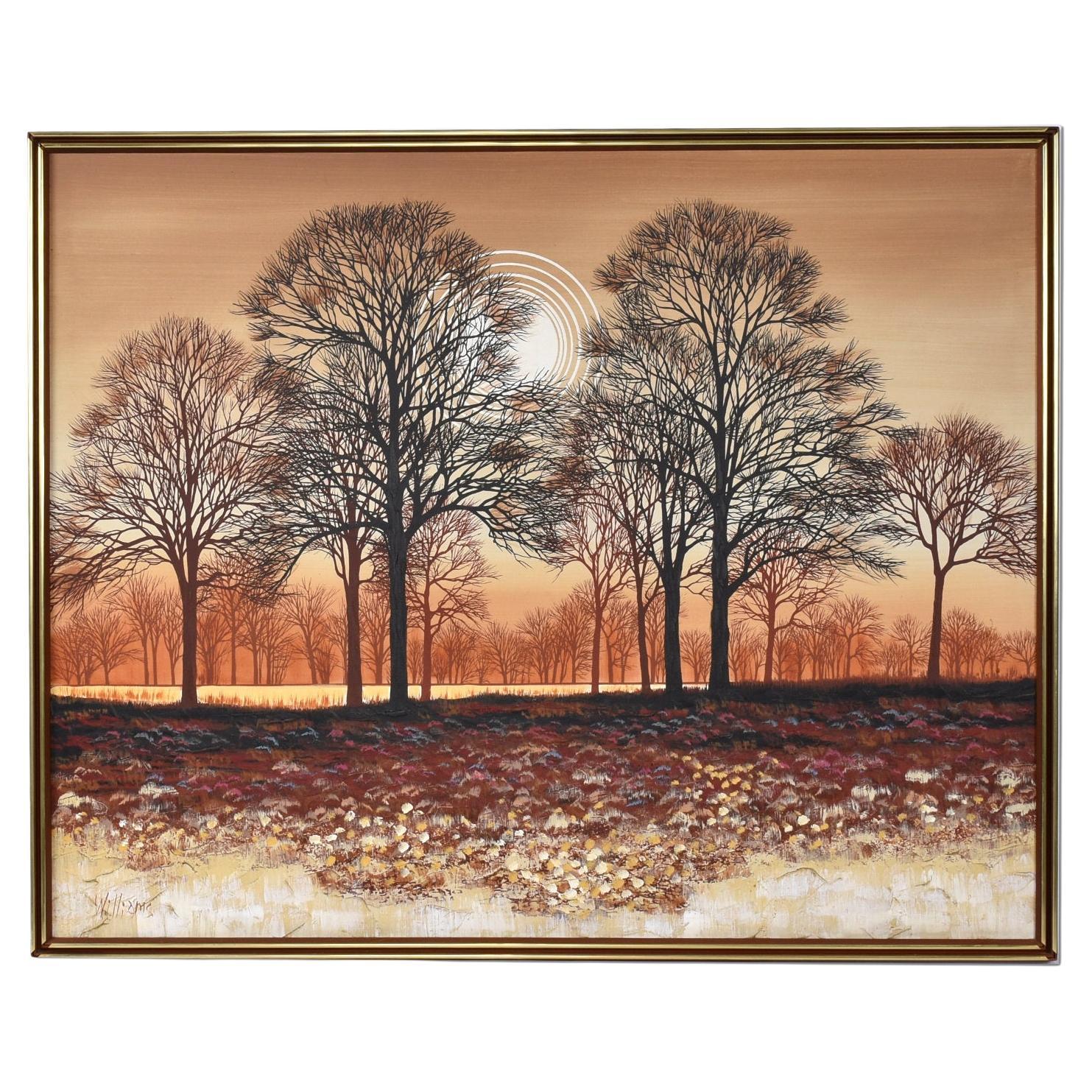 Grande dipinto di paesaggio con albero marrone arancione della metà del secolo scorso, firmato William Williams
