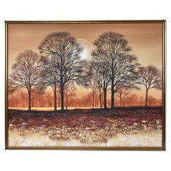 Große Mid-Century Modern Orange Brown Tree Landschaft Gemälde Signiert Williams
