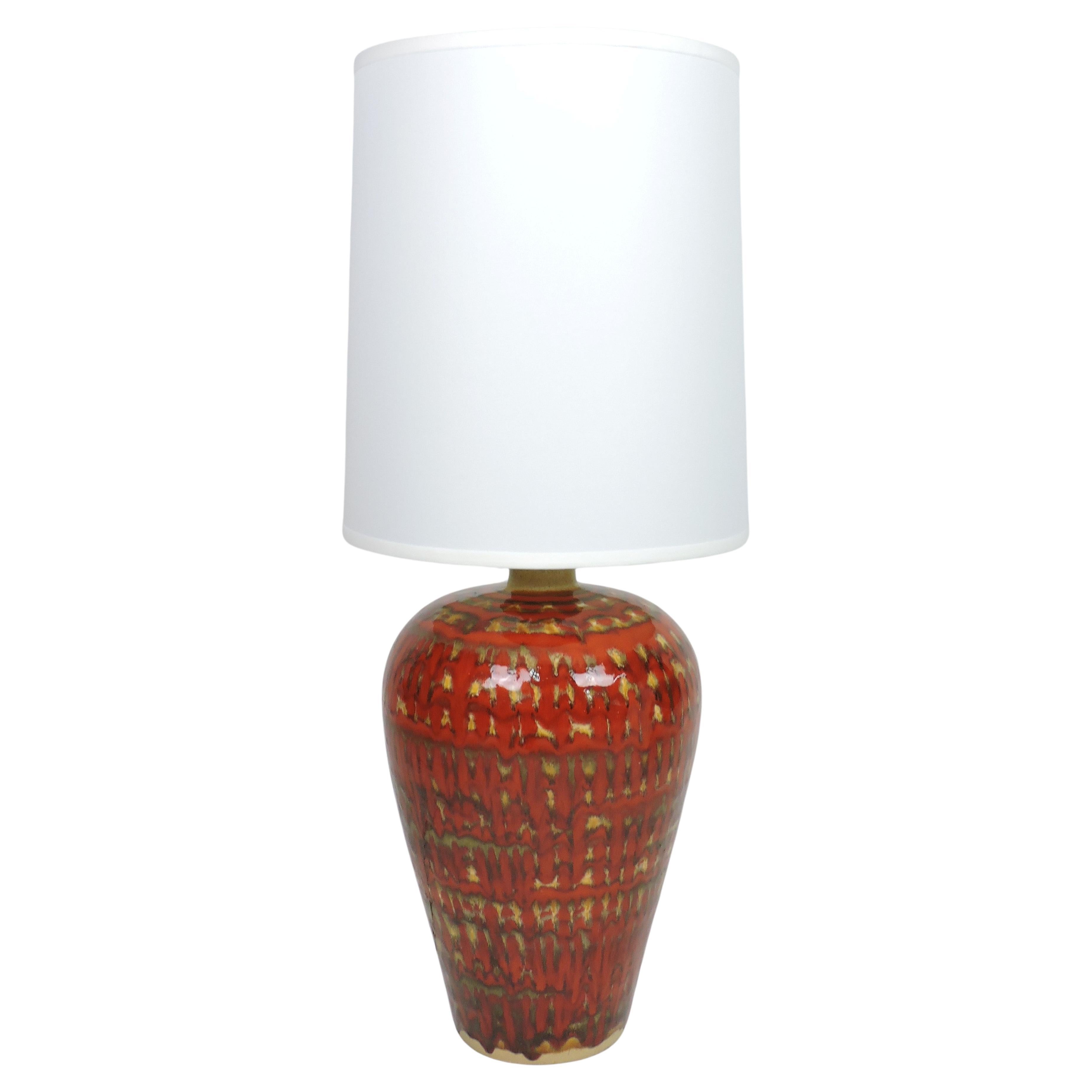 Large Mid Century Modern Orange Drip Glaze Ceramic Table Lamp