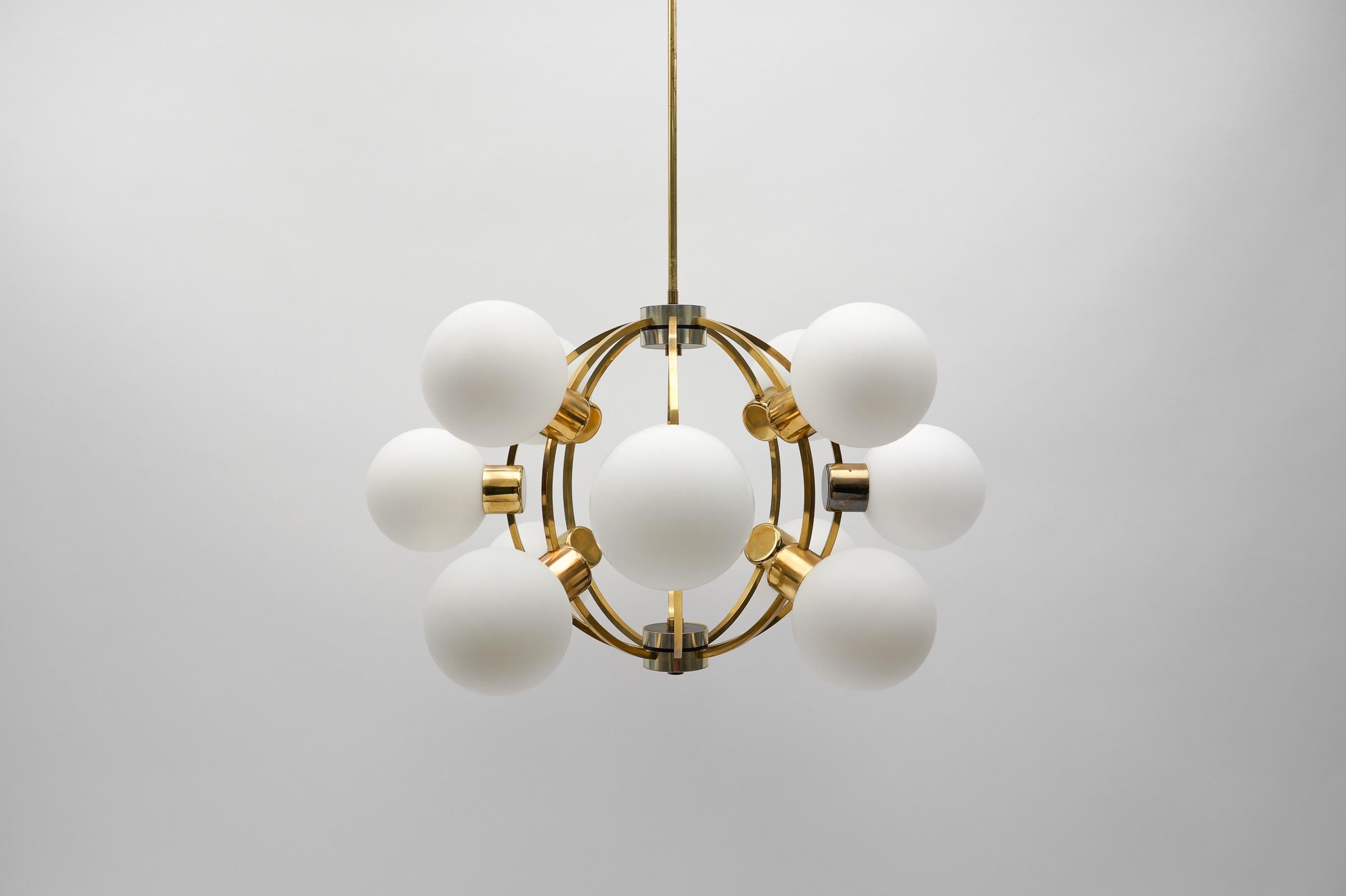 Gilt Large Mid-Century Modern Orbit or Sputnik Lamp with 12 Opaline Glass Balls For Sale