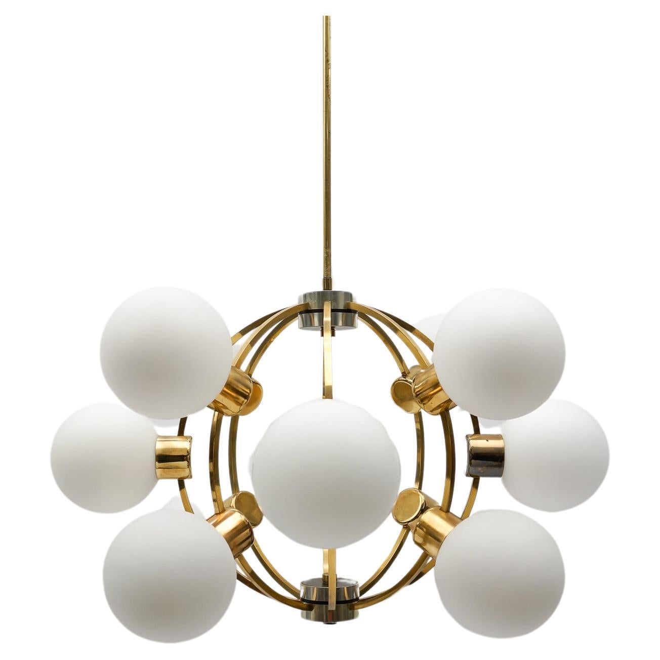 Large Mid-Century Modern Orbit or Sputnik Lamp with 12 Opaline Glass Balls For Sale