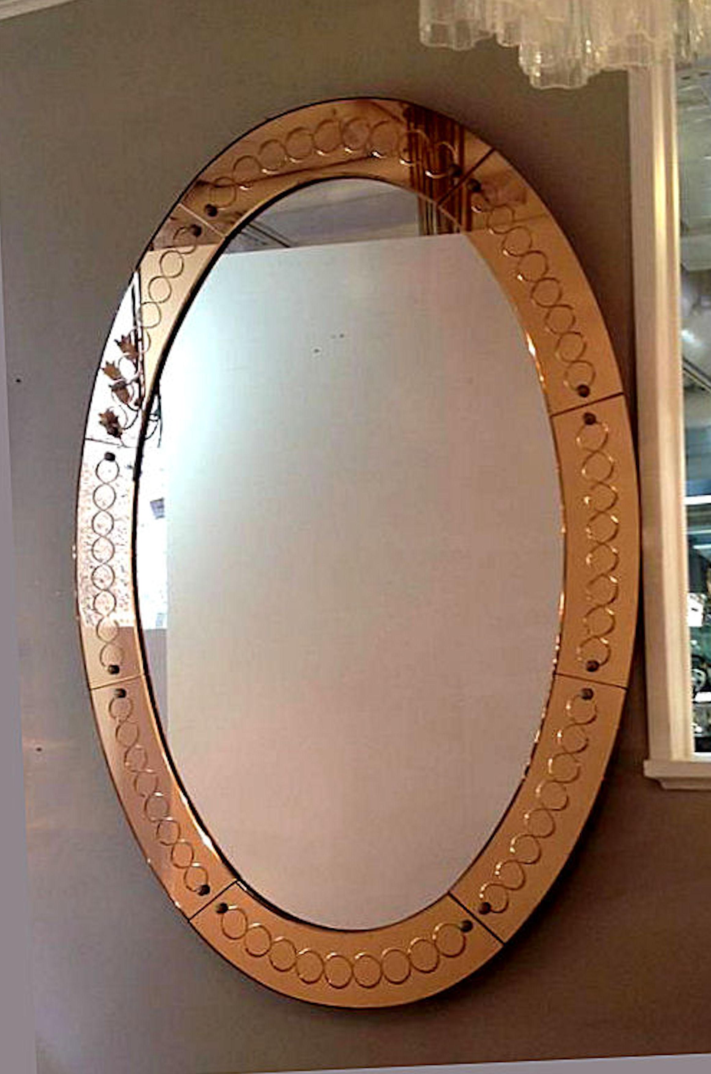 Large Mid-Century Modern, Oval Bronze Glass Mirror by Cristal Arte, Italy 1960s In Good Condition In Dallas, TX