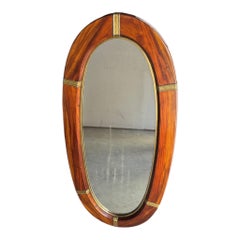 Large Mid-Century Modern Oval Wall Mirror in Solid Wood with Brass Inlays, 1960s