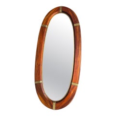 Large Mid-Century Modern Oval Wall Mirror in Solid Wood with Brass Inlays, 1960s