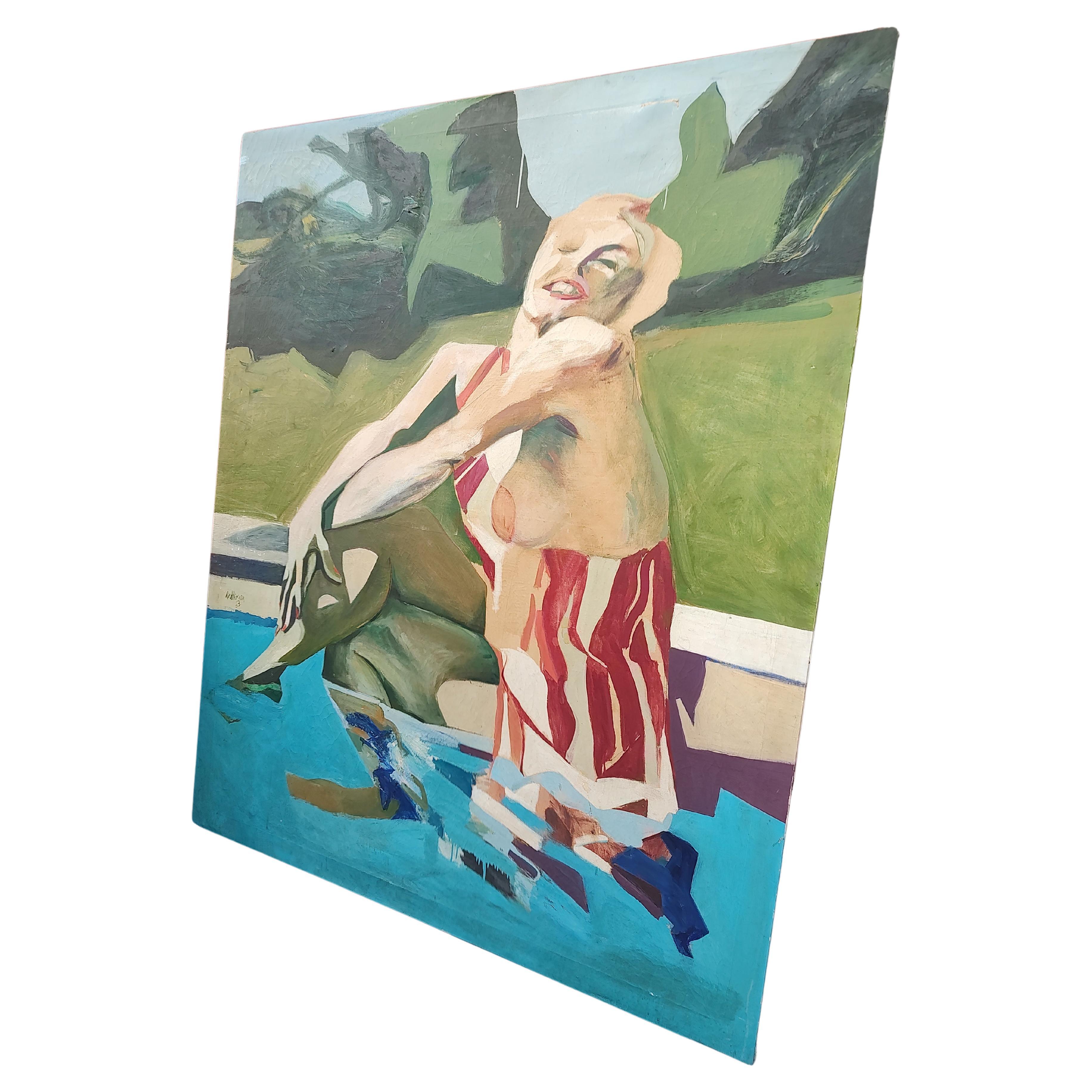 American Large Mid Century Modern Painting of a Marilynesque Figure by the Pool 1963 For Sale
