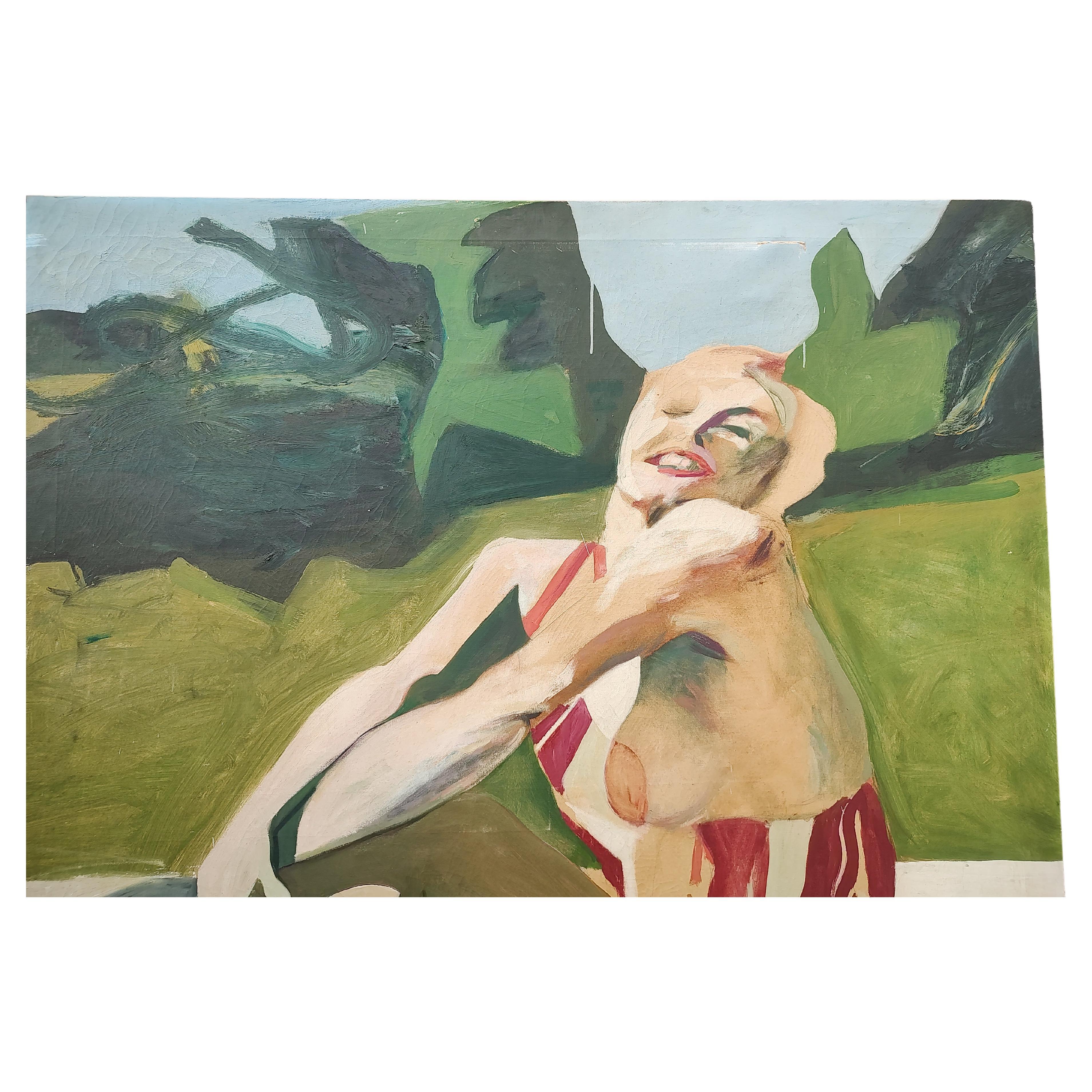 Fabelhaftes, fantastisches Gemälde von 1963 in Öl auf Leinwand mit einer Marilyn-Figur am Pool. Bunte und stilvolle Darstellung der famosen und tragischen Marilyn Monroe, die in einem Pool sitzt und posiert. Der Künstler ist derzeit unbekannt, es